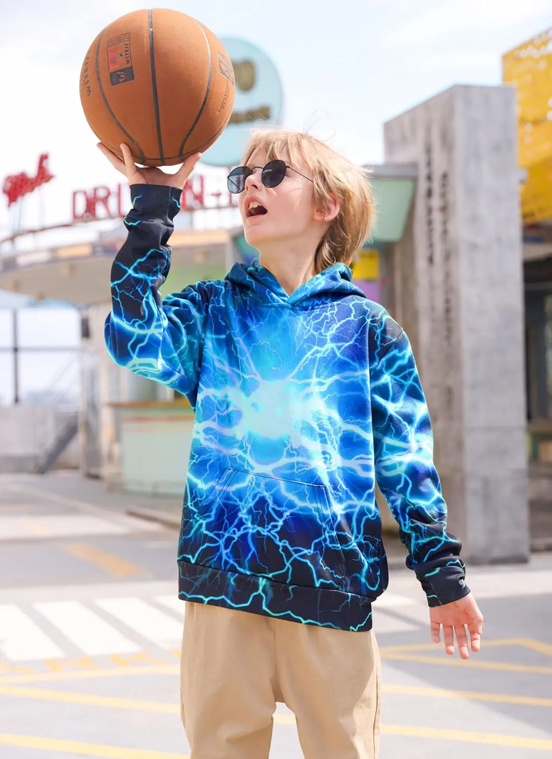 Funnycokid Boys Hoodies Kids Sweatshirts Warm Youth Girls Graphic Pullover Fleece Hooded Clothes with Pocket 5-16 Years