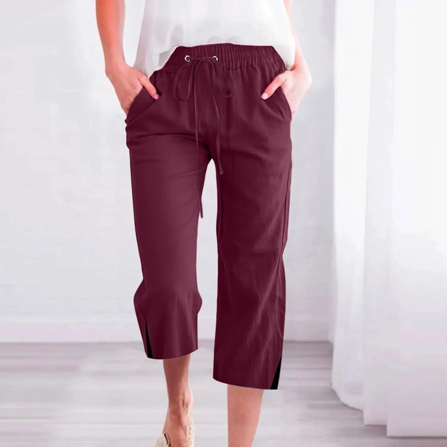 FZVYD Capris Pants for Women Cotton Linen Casual 2025 Summer Straight Wide Leg Loose Drawstring Elastic Waist Cropped Trouser