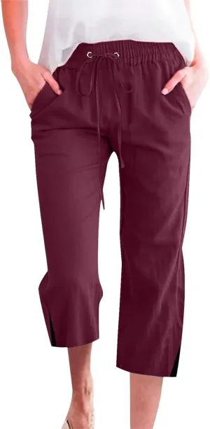 FZVYD Capris Pants for Women Cotton Linen Casual 2025 Summer Straight Wide Leg Loose Drawstring Elastic Waist Cropped Trouser