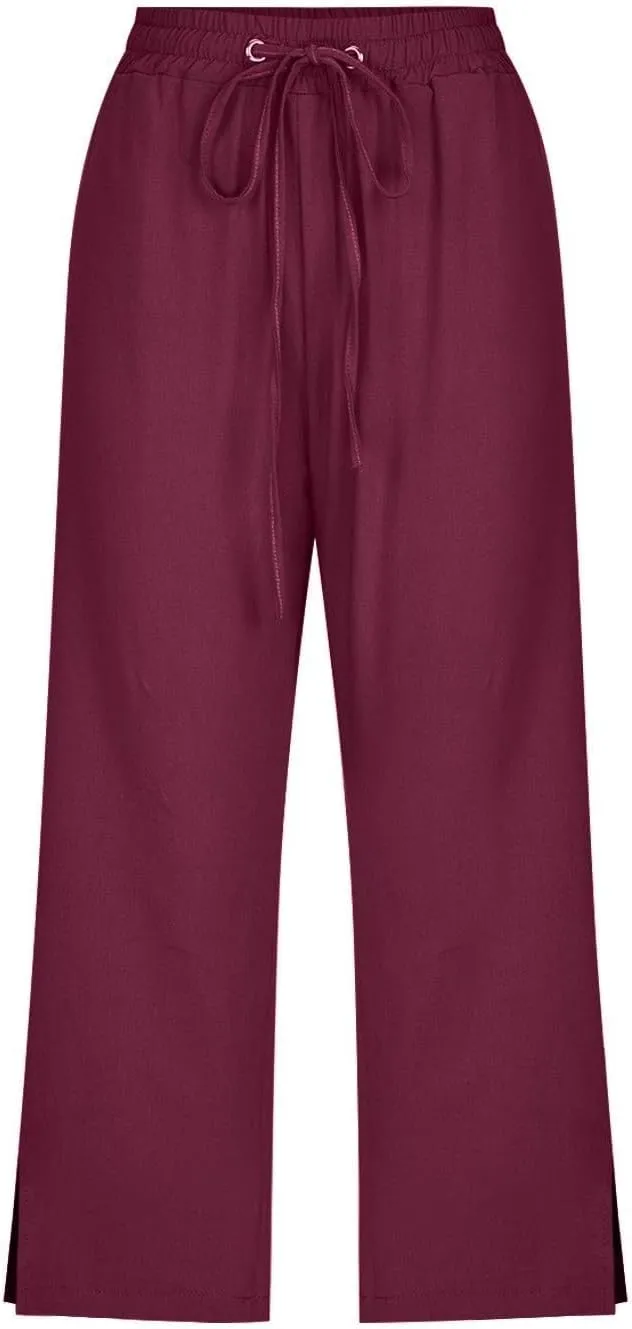 FZVYD Capris Pants for Women Cotton Linen Casual 2025 Summer Straight Wide Leg Loose Drawstring Elastic Waist Cropped Trouser