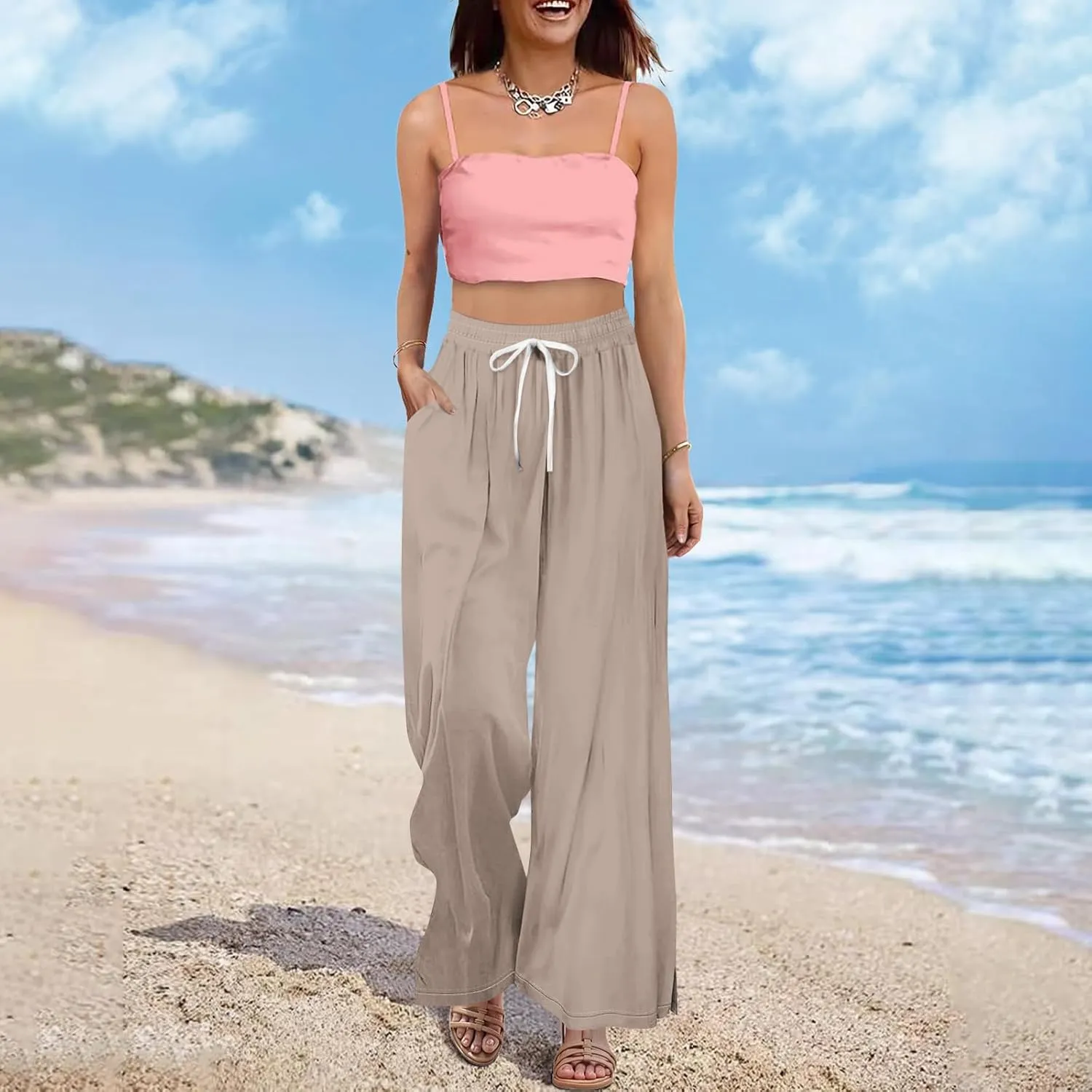 GOFULY Wide Leg Flowy Pants for Women Summer 2025 Beach Palazzo Pants High Elastic Waist Drawstring Side Slit Pockets Trouser