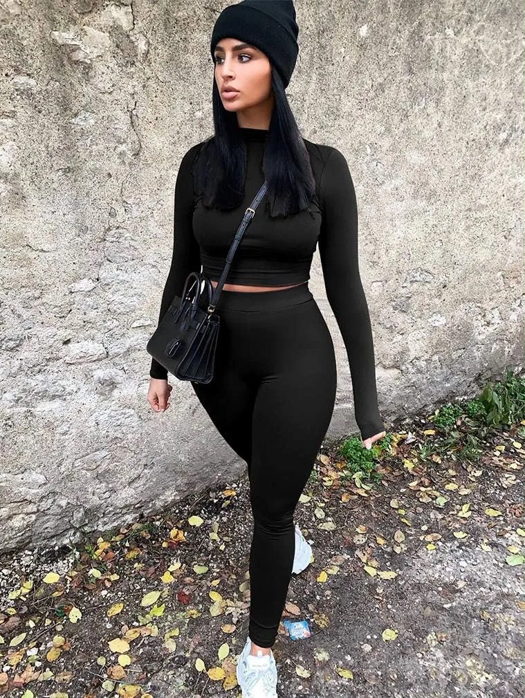 GOKATOSAU Women's Sexy 2 Piece Outfits Long Sleeve Crop Top Pants Set Club Jumpsuits