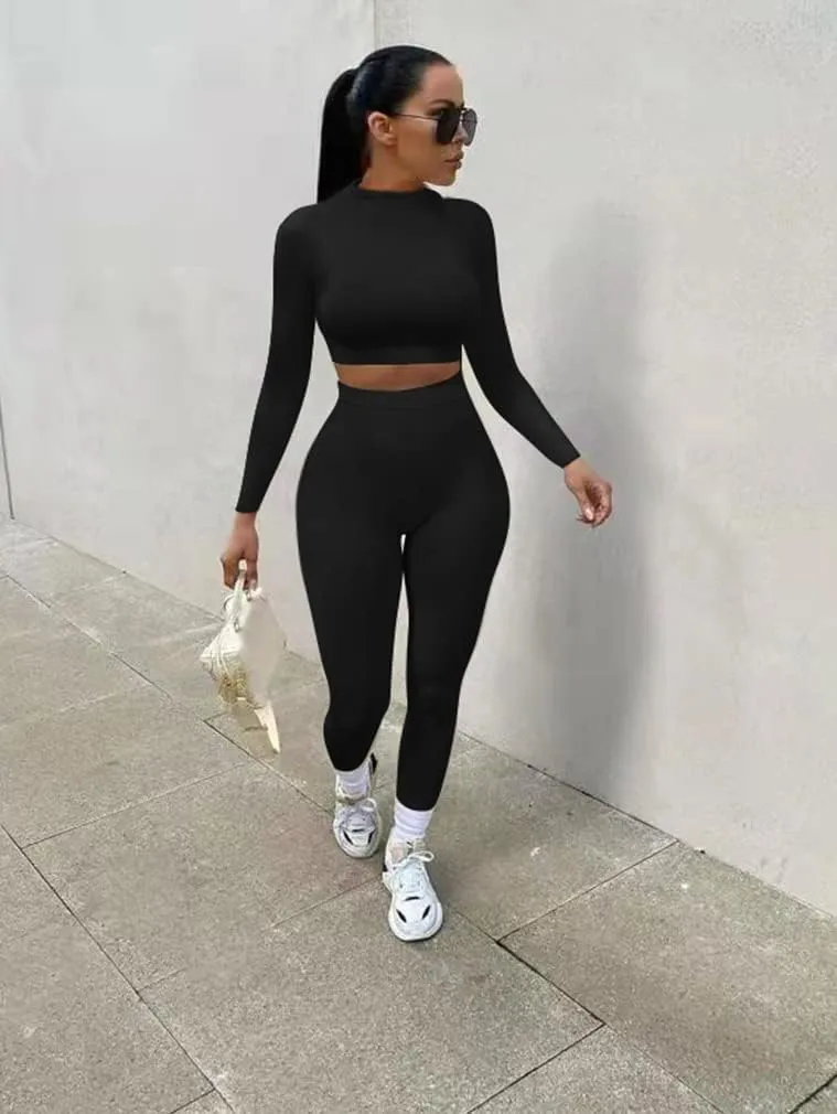 GOKATOSAU Women's Sexy 2 Piece Outfits Long Sleeve Crop Top Pants Set Club Jumpsuits