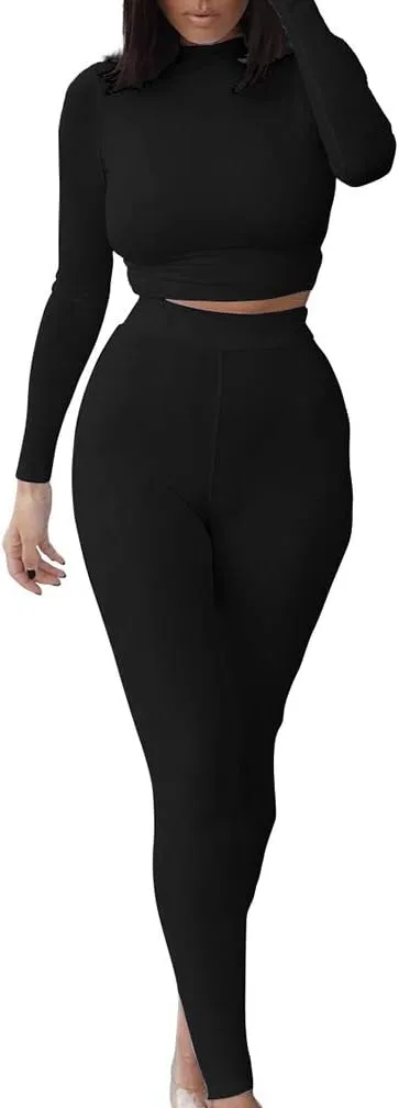 GOKATOSAU Women's Sexy 2 Piece Outfits Long Sleeve Crop Top Pants Set Club Jumpsuits