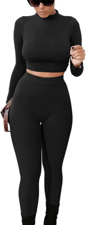 GOKATOSAU Women's Sexy 2 Piece Outfits Long Sleeve Crop Top Pants Set Club Jumpsuits