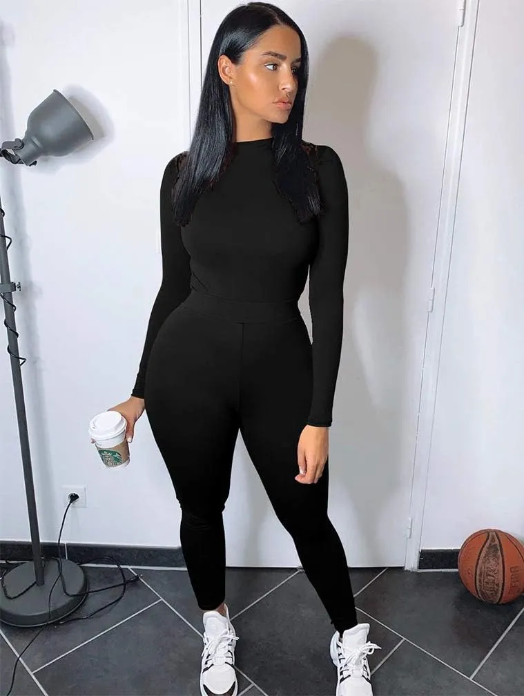 GOKATOSAU Women's Sexy 2 Piece Outfits Long Sleeve Crop Top Pants Set Club Jumpsuits