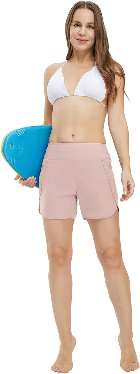 Gopune Women's 5" High Waisted Swim Board Shorts with Zipper Pockets UPF 50  Quick Dry Beach Trunks with Liner