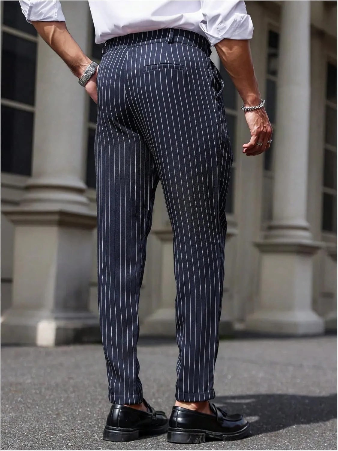 GORGLITTER Men's Striped Dress Pants Slim Fit Business Work Suit Long Trousers