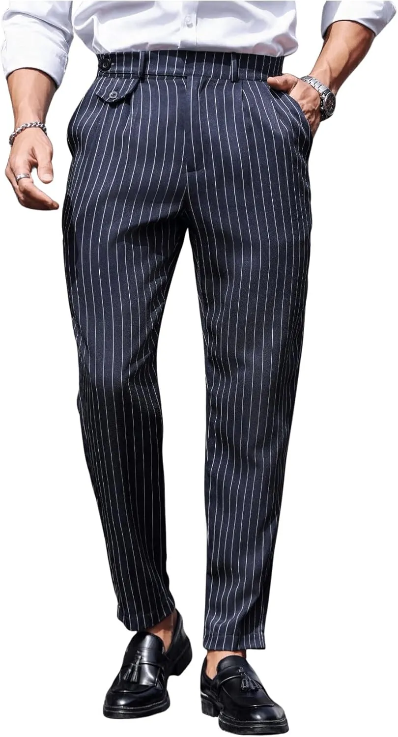 GORGLITTER Men's Striped Dress Pants Slim Fit Business Work Suit Long Trousers