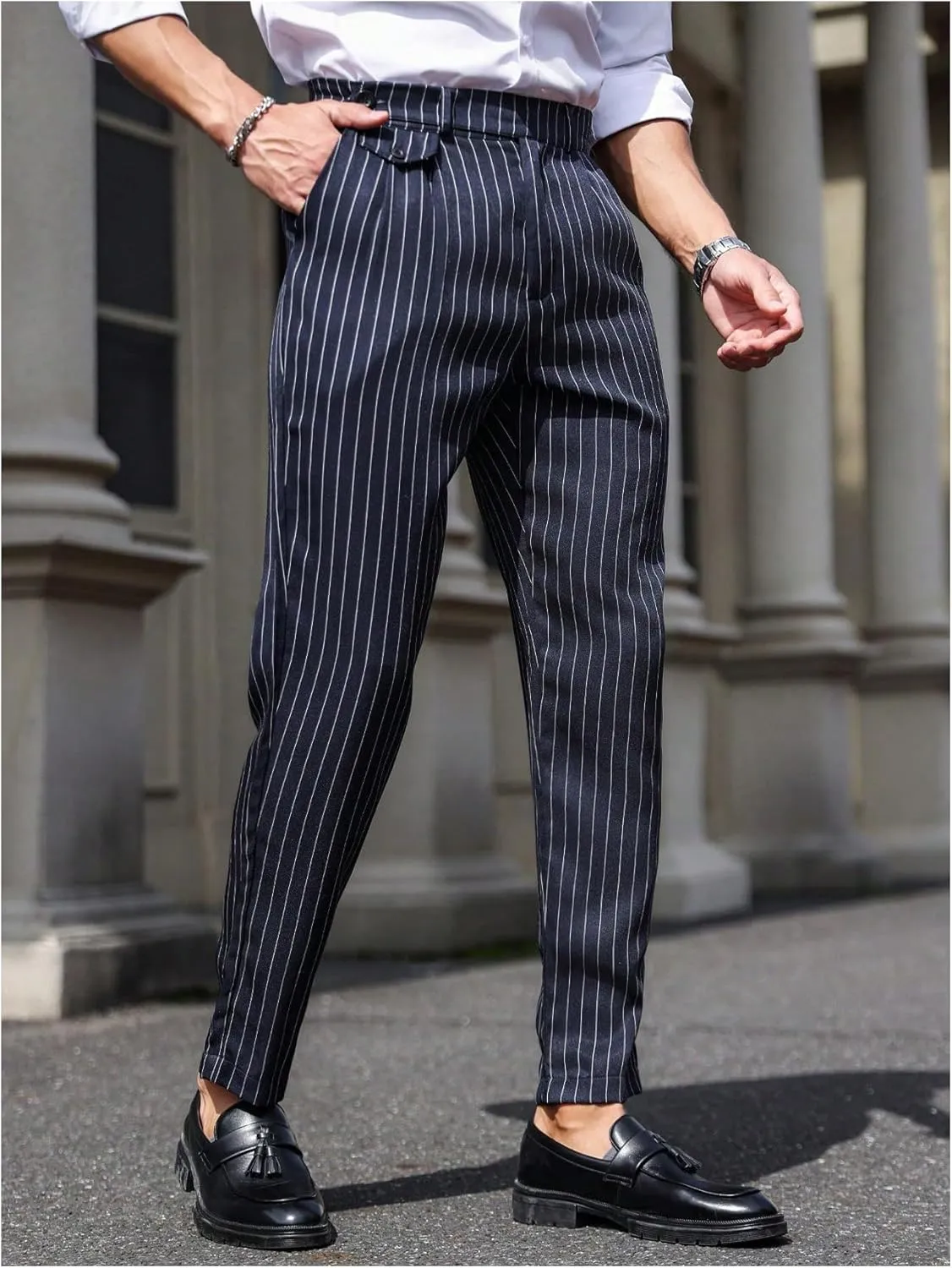 GORGLITTER Men's Striped Dress Pants Slim Fit Business Work Suit Long Trousers