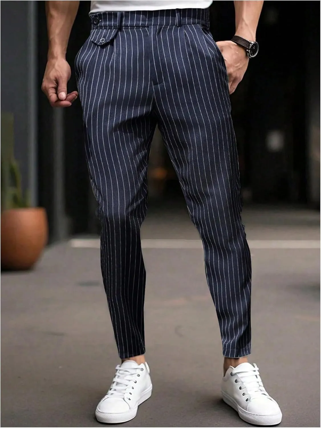 GORGLITTER Men's Striped Dress Pants Slim Fit Business Work Suit Long Trousers