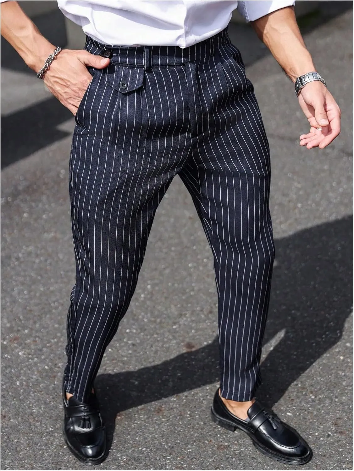 GORGLITTER Men's Striped Dress Pants Slim Fit Business Work Suit Long Trousers
