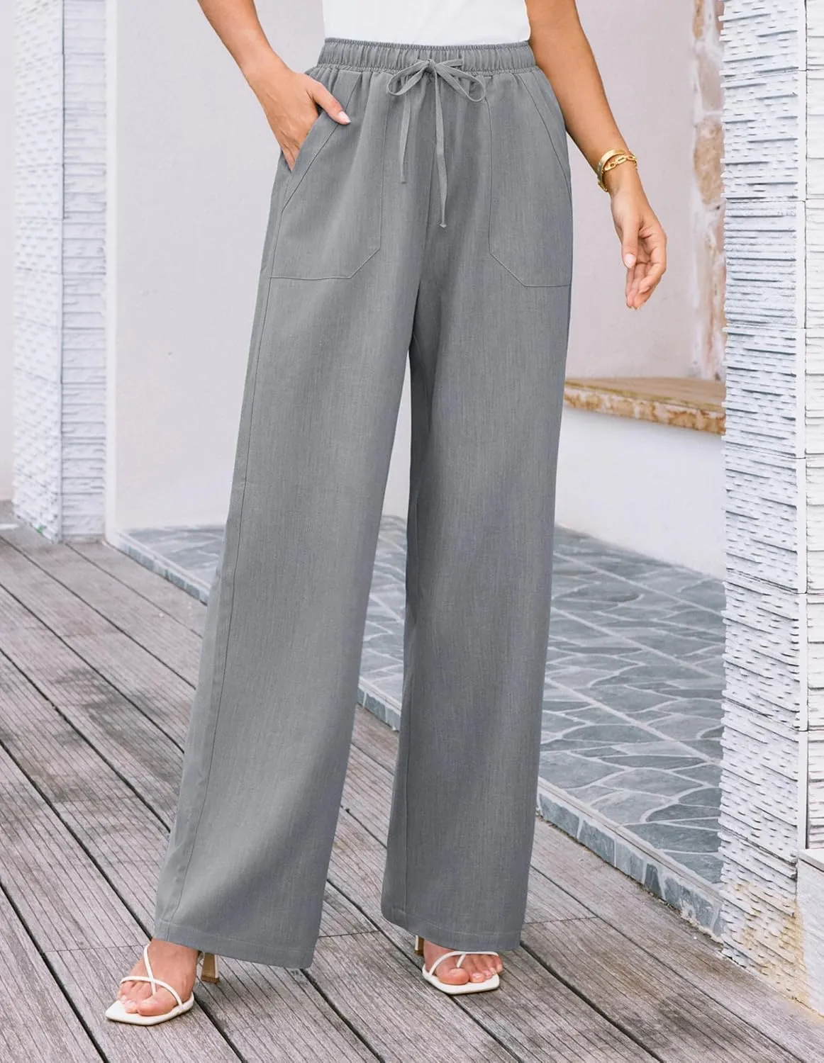 GRACE KARIN Women's Wide Leg Casual Pants Summer Lightweight Drawstring Elastic Waist Lounge Beach Palazzo with Pockets