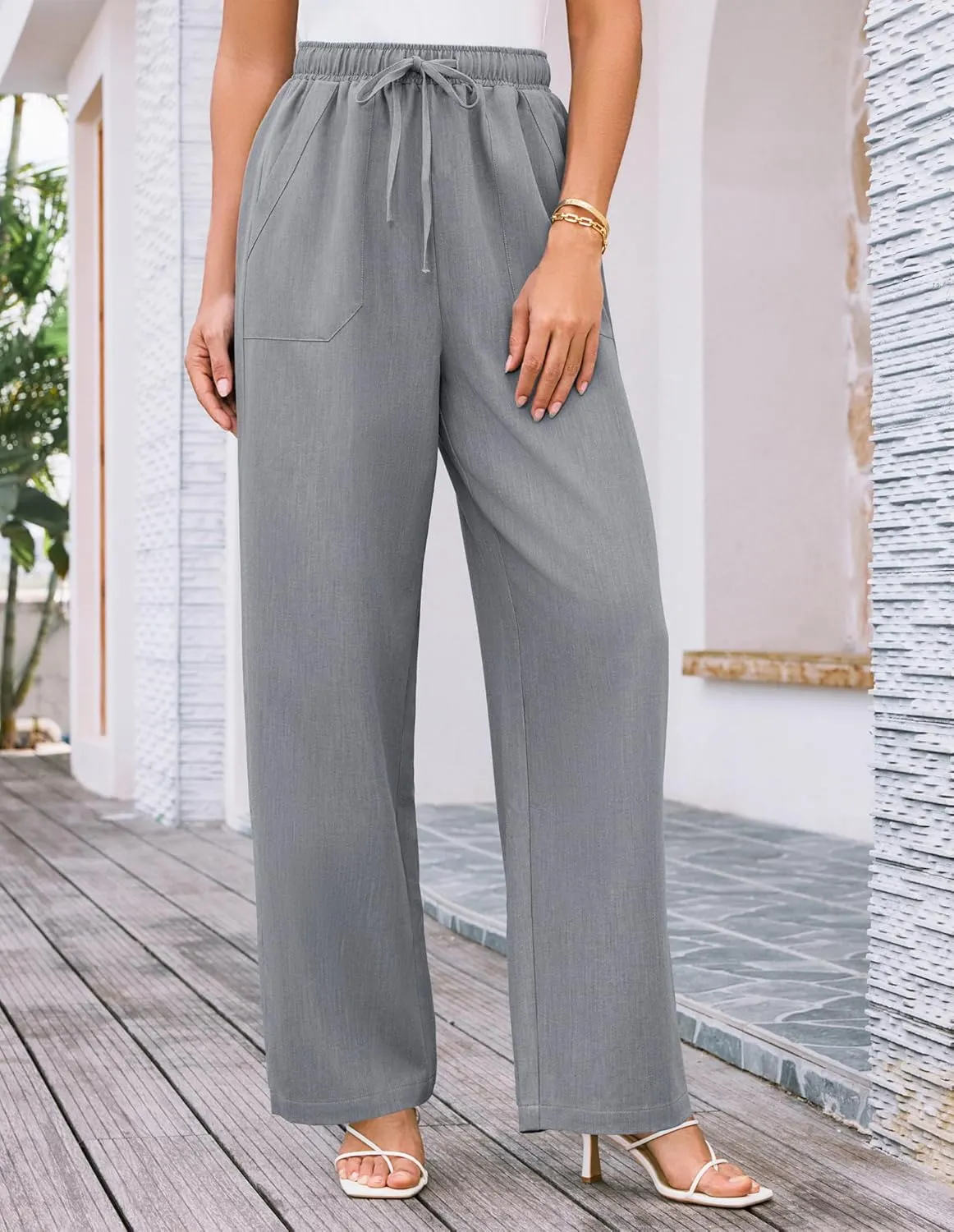 GRACE KARIN Women's Wide Leg Casual Pants Summer Lightweight Drawstring Elastic Waist Lounge Beach Palazzo with Pockets