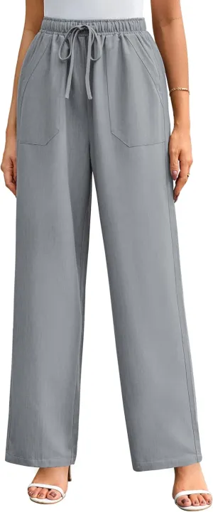 GRACE KARIN Women's Wide Leg Casual Pants Summer Lightweight Drawstring Elastic Waist Lounge Beach Palazzo with Pockets