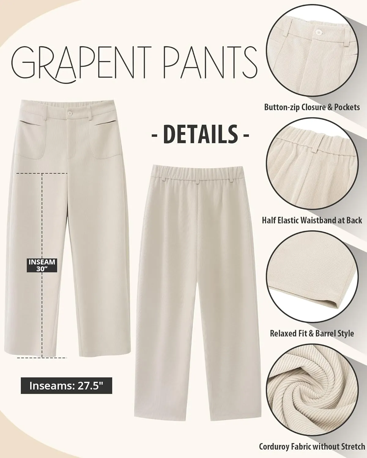GRAPENT Barrel Pants for Women High Waisted Corduroy Elastic Waist Trendy Loose Casual Fall Trousers Pants with Pockets