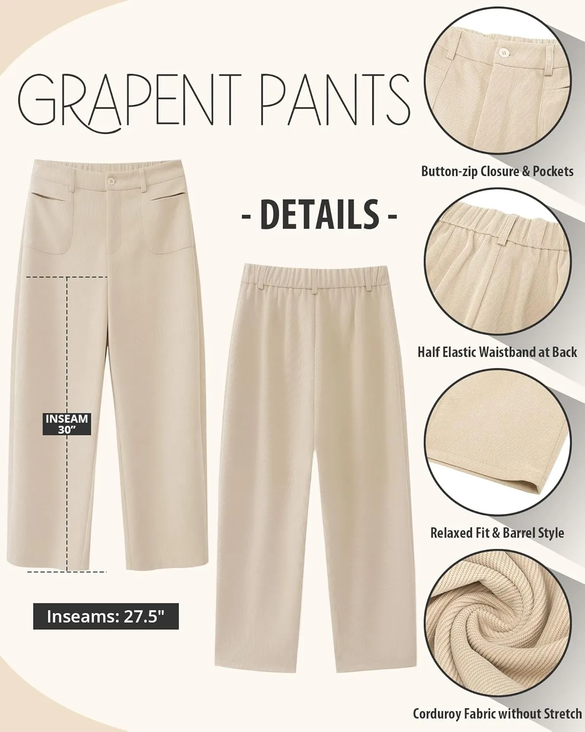 GRAPENT Barrel Pants for Women High Waisted Corduroy Elastic Waist Trendy Loose Casual Fall Trousers Pants with Pockets