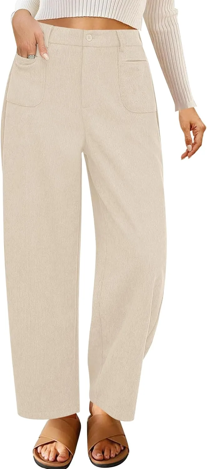 GRAPENT Barrel Pants for Women High Waisted Corduroy Elastic Waist Trendy Loose Casual Fall Trousers Pants with Pockets