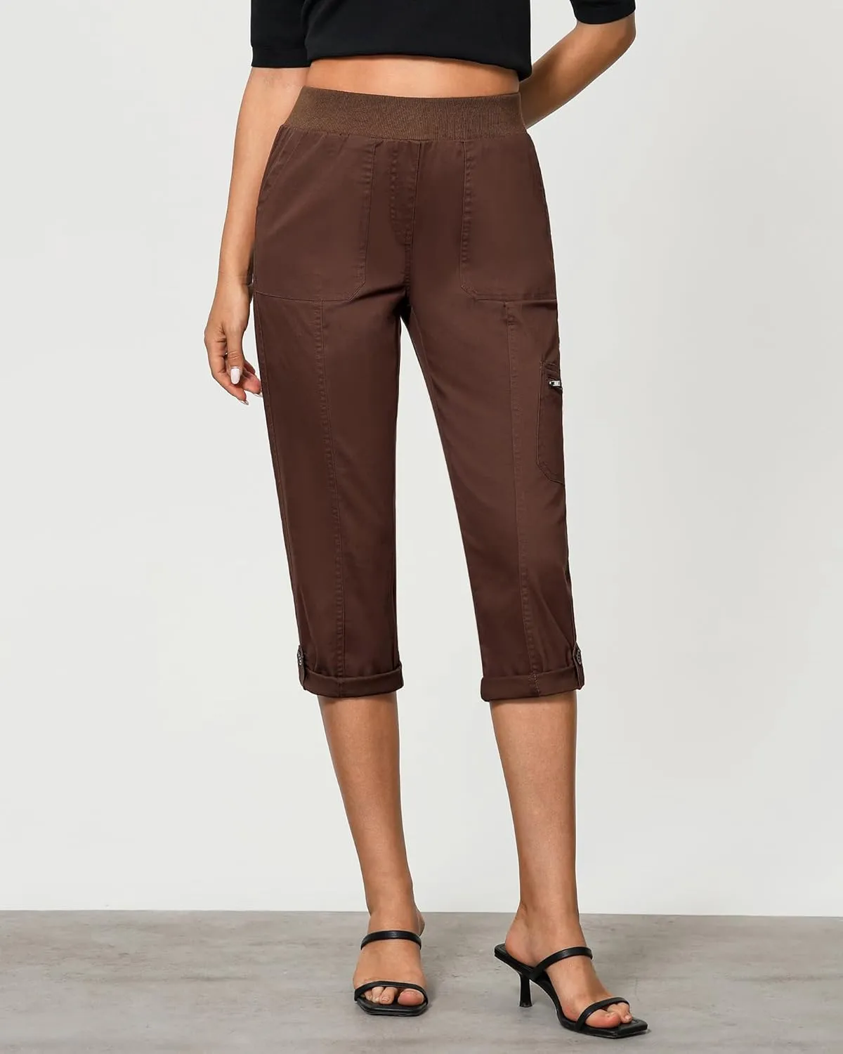GRAPENT Capri Cargo Pants for Women High Waisted Pull On Elastic Waist Stretch Twill Fold Hem Capris Pants with Pockets