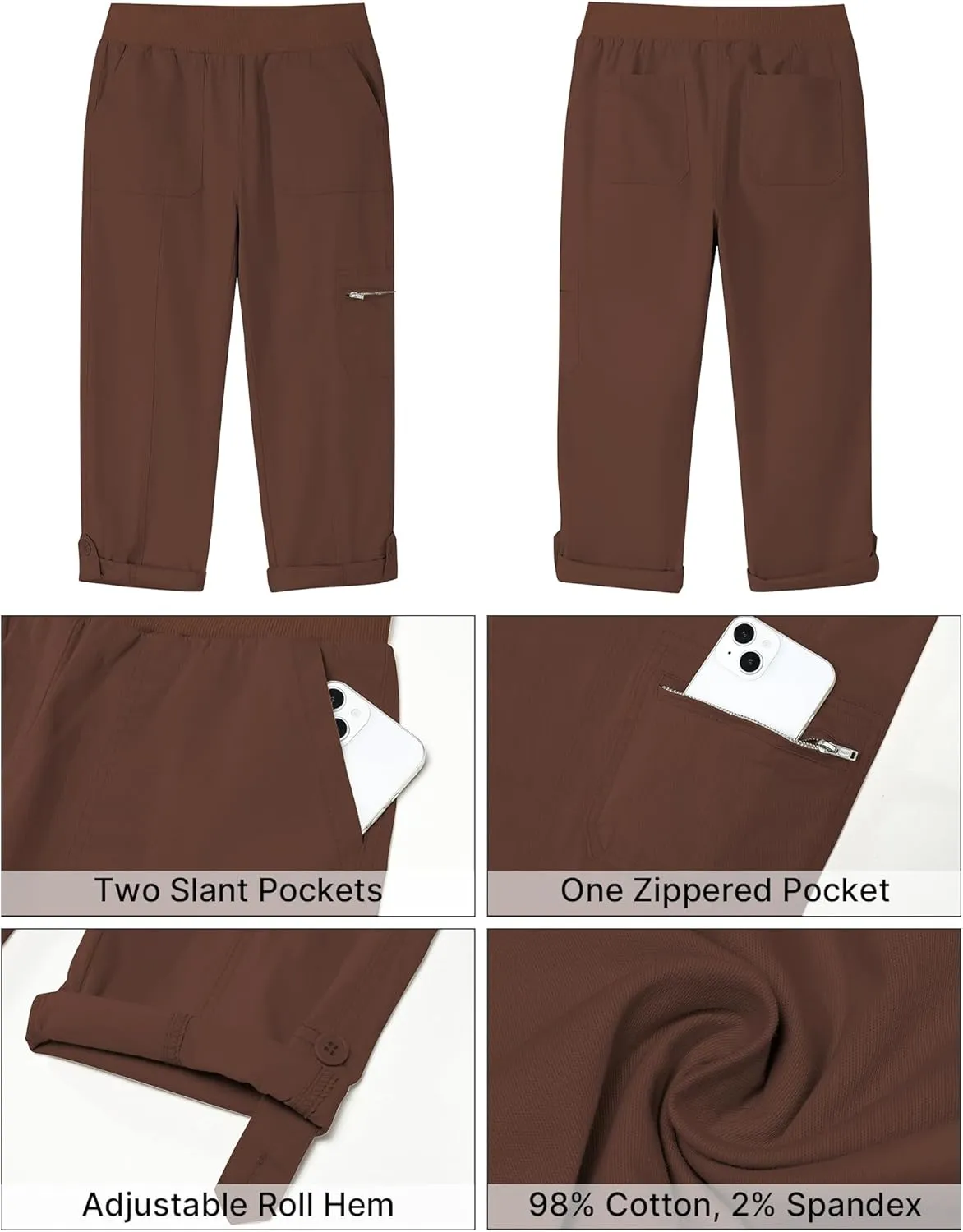 GRAPENT Capri Cargo Pants for Women High Waisted Pull On Elastic Waist Stretch Twill Fold Hem Capris Pants with Pockets