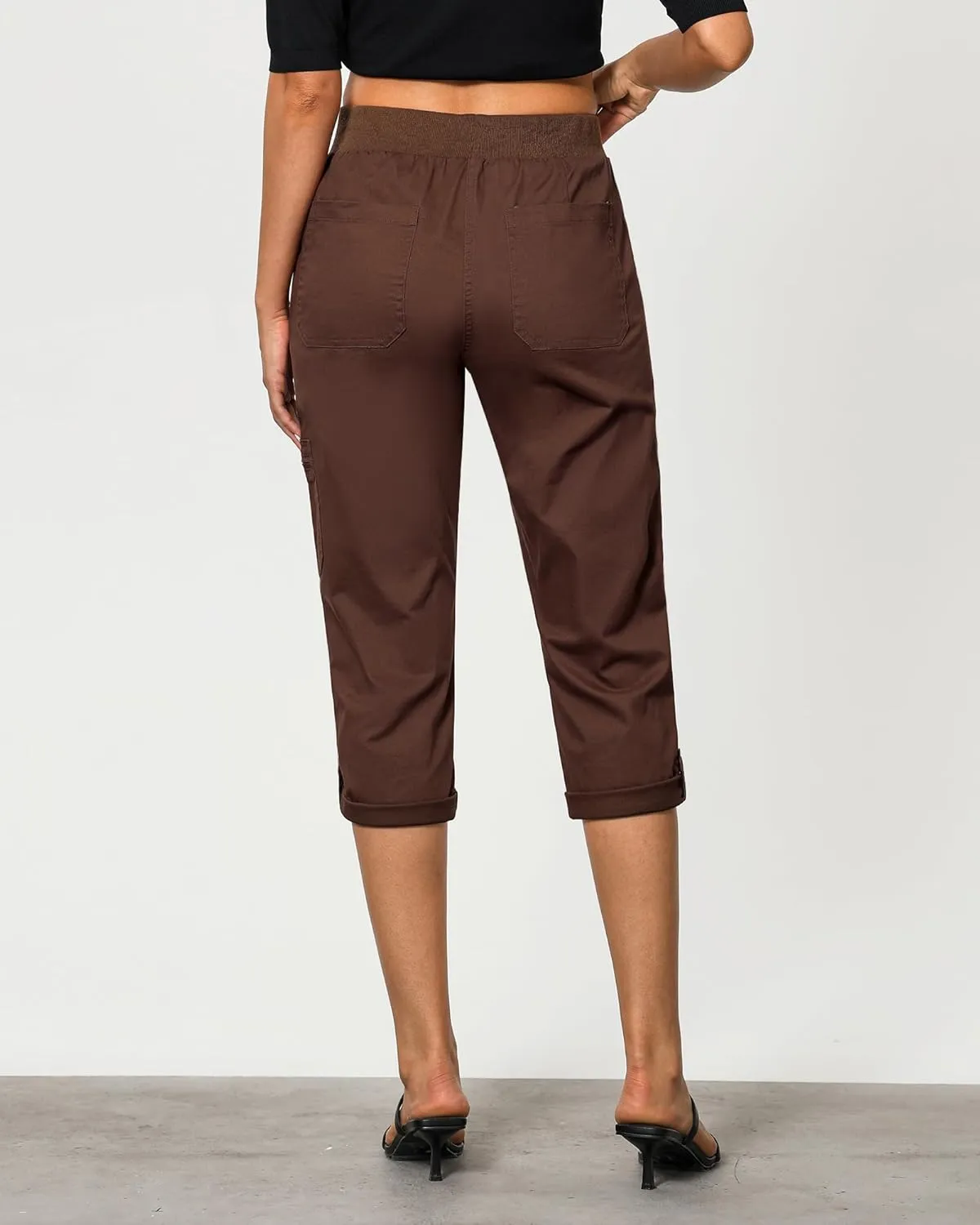 GRAPENT Capri Cargo Pants for Women High Waisted Pull On Elastic Waist Stretch Twill Fold Hem Capris Pants with Pockets