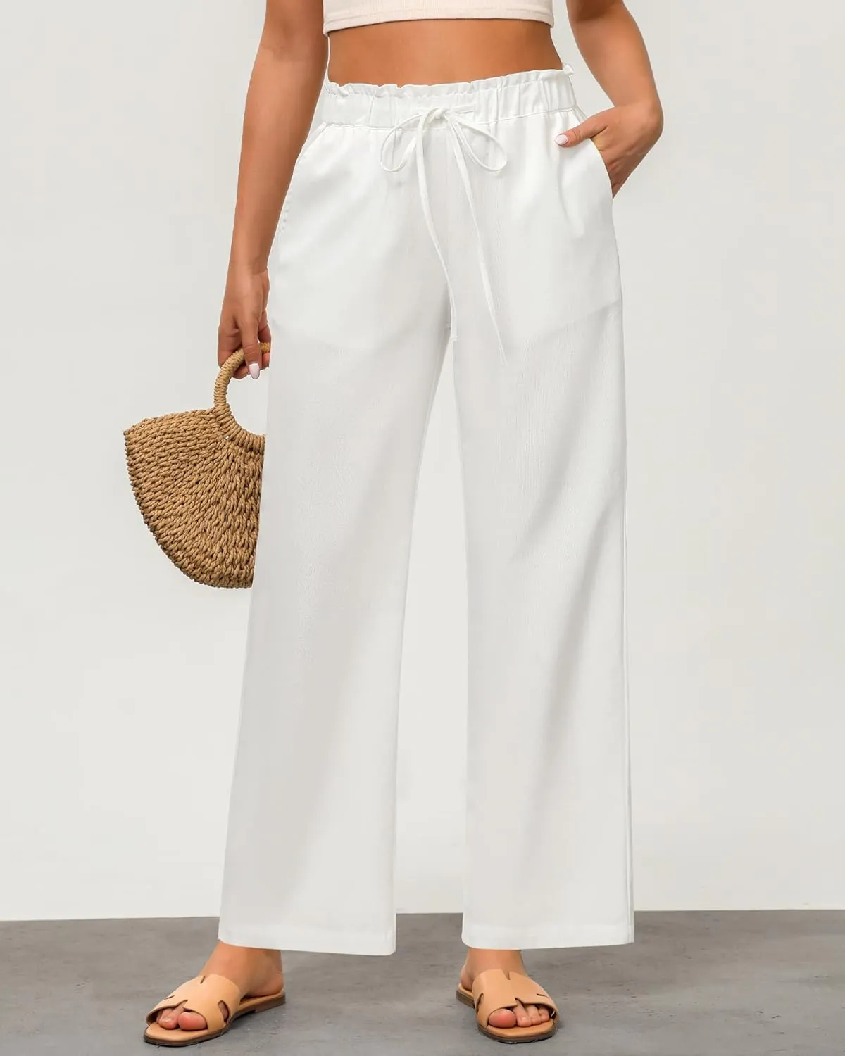 GRAPENT Linen Pants Women Wide Leg High Waisted Flowy Summer Beach Elastic Waist Pull On Baggy Palazzo Pants with Pocket