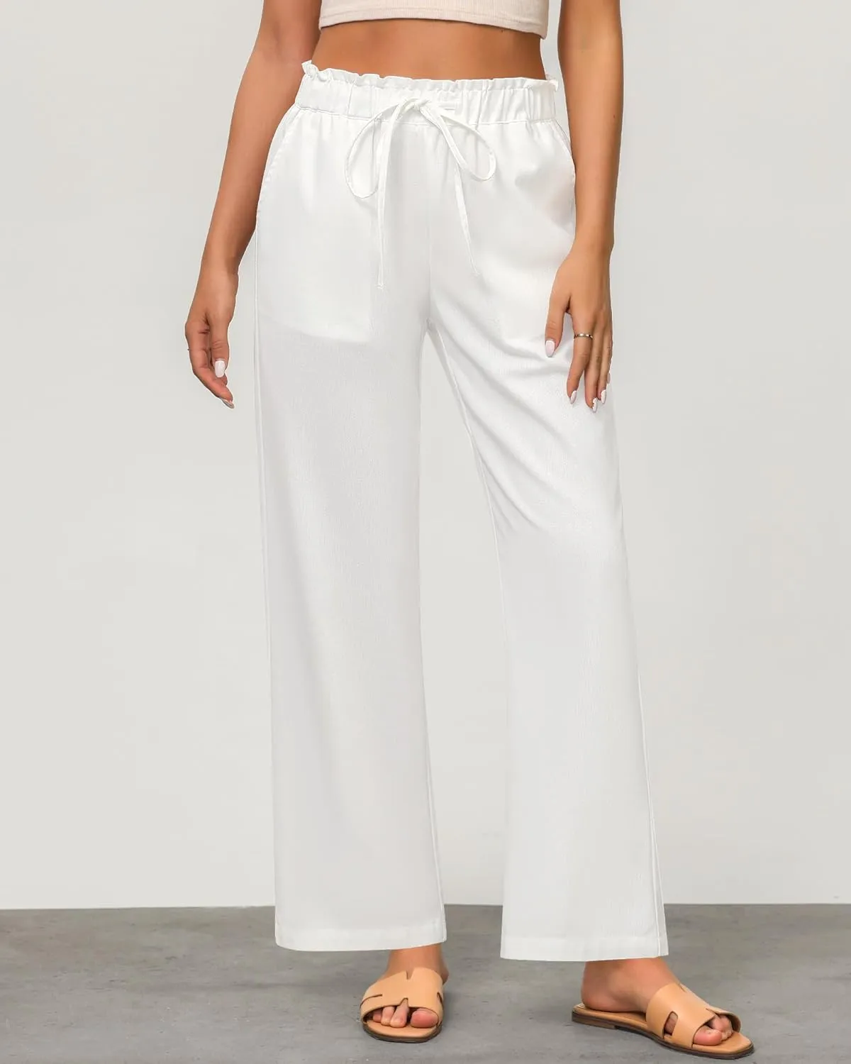 GRAPENT Linen Pants Women Wide Leg High Waisted Flowy Summer Beach Elastic Waist Pull On Baggy Palazzo Pants with Pocket