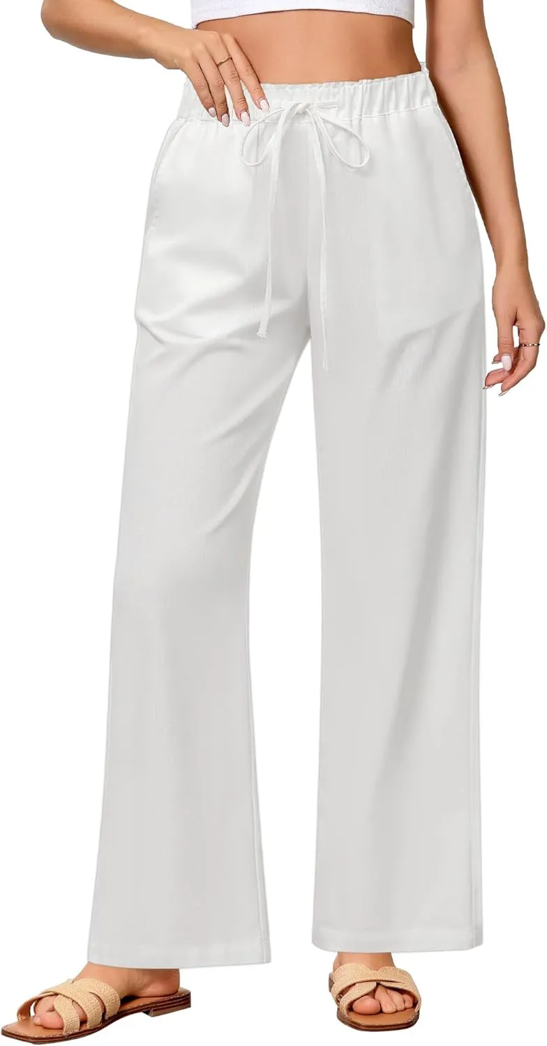 GRAPENT Linen Pants Women Wide Leg High Waisted Flowy Summer Beach Elastic Waist Pull On Baggy Palazzo Pants with Pocket