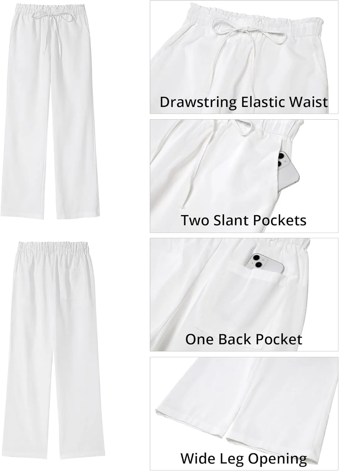 GRAPENT Linen Pants Women Wide Leg High Waisted Flowy Summer Beach Elastic Waist Pull On Baggy Palazzo Pants with Pocket