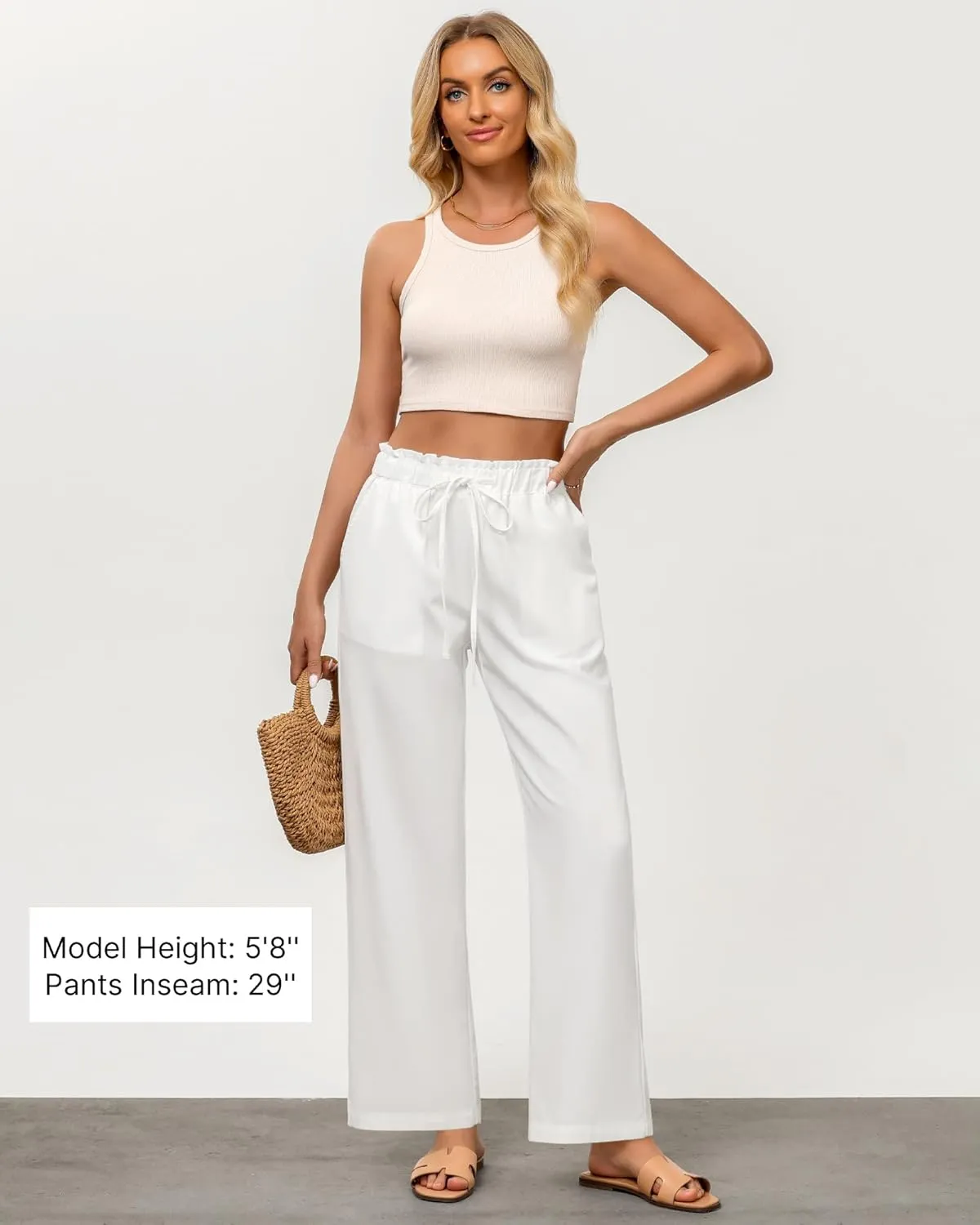 GRAPENT Linen Pants Women Wide Leg High Waisted Flowy Summer Beach Elastic Waist Pull On Baggy Palazzo Pants with Pocket