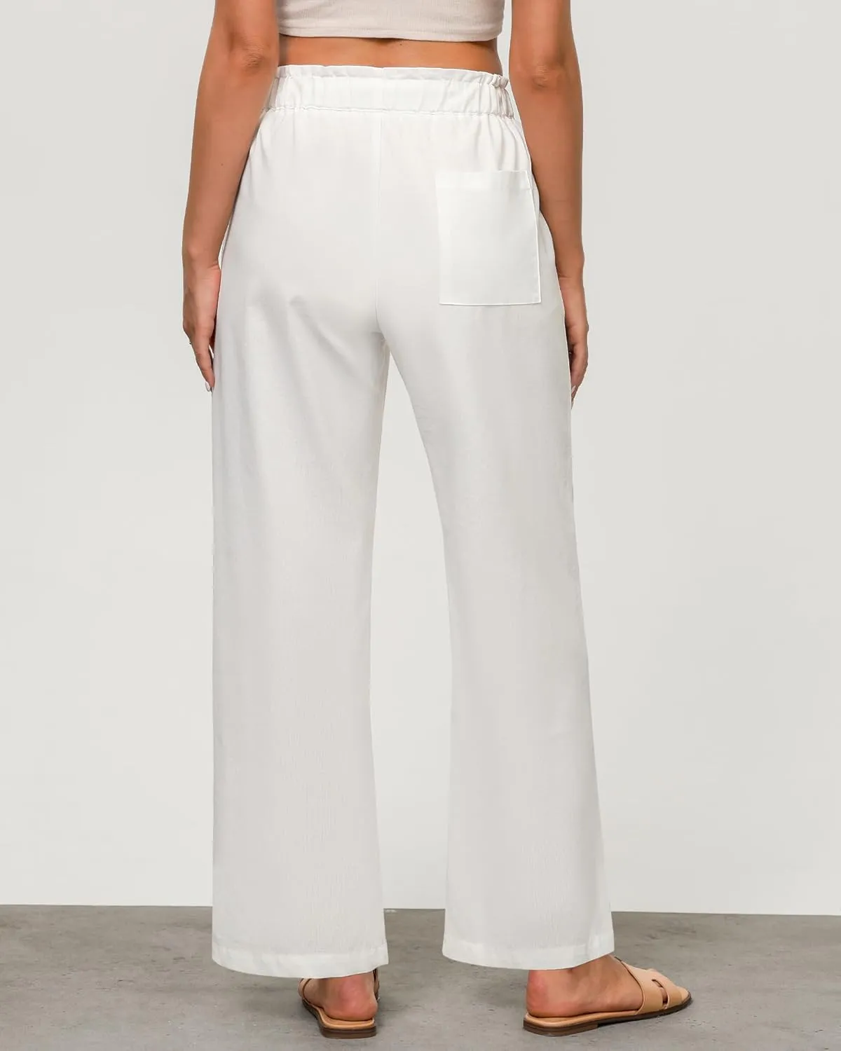 GRAPENT Linen Pants Women Wide Leg High Waisted Flowy Summer Beach Elastic Waist Pull On Baggy Palazzo Pants with Pocket