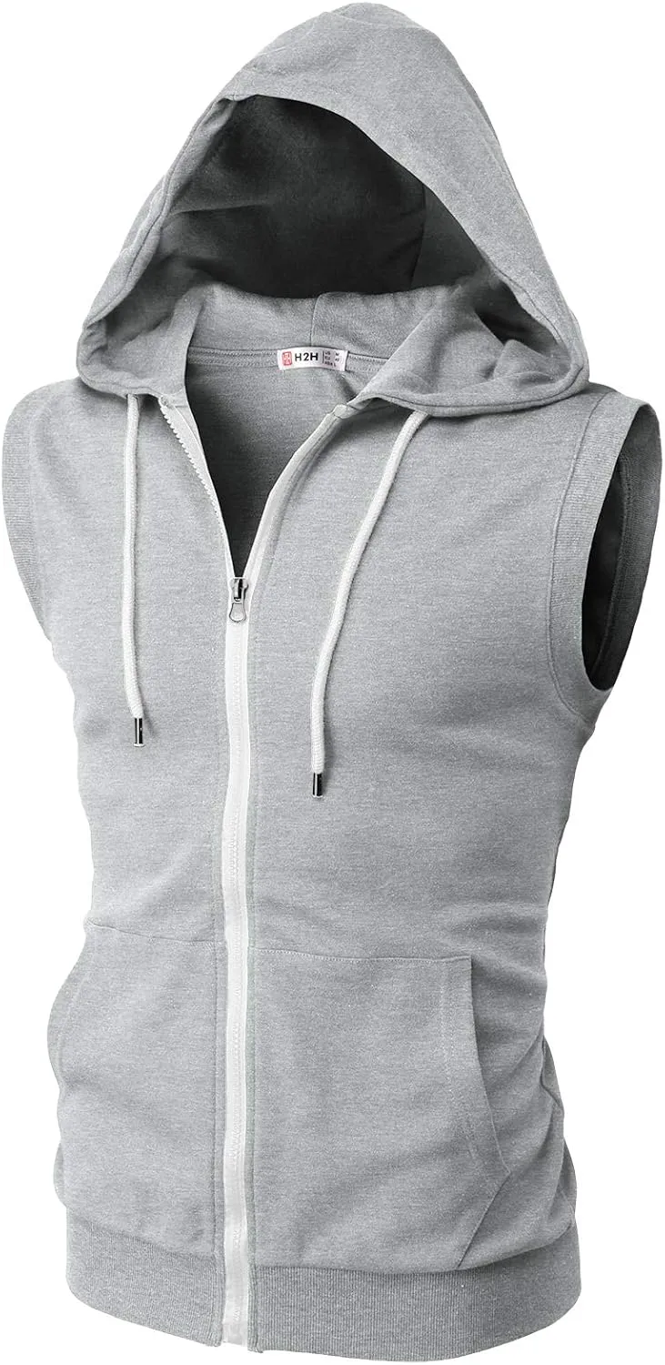 H2H Mens Casual Slim Fit Zip-up Sleeveless Hoodie Lightweight Workout Tank Tops Gym Hoodies