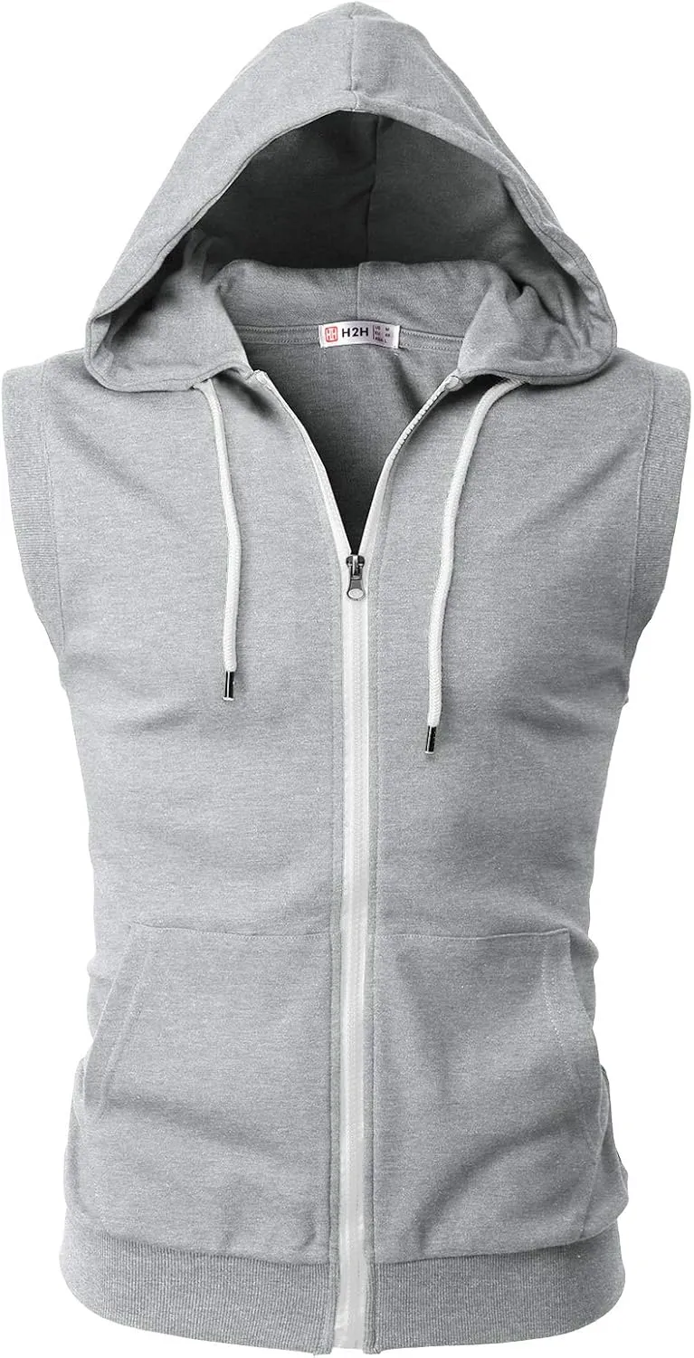 H2H Mens Casual Slim Fit Zip-up Sleeveless Hoodie Lightweight Workout Tank Tops Gym Hoodies
