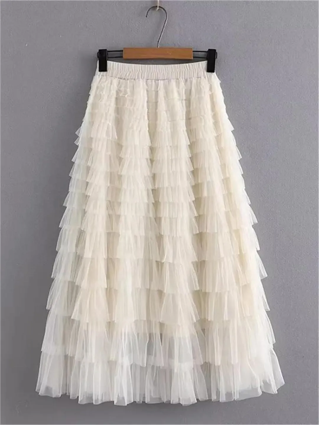 Hdhdeueh Women's Elastic Waist Mesh Skirt Solid Color Cake Skirt Thin Double Layer A-Line Midi Skirts