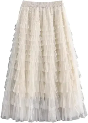 Hdhdeueh Women's Elastic Waist Mesh Skirt Solid Color Cake Skirt Thin Double Layer A-Line Midi Skirts