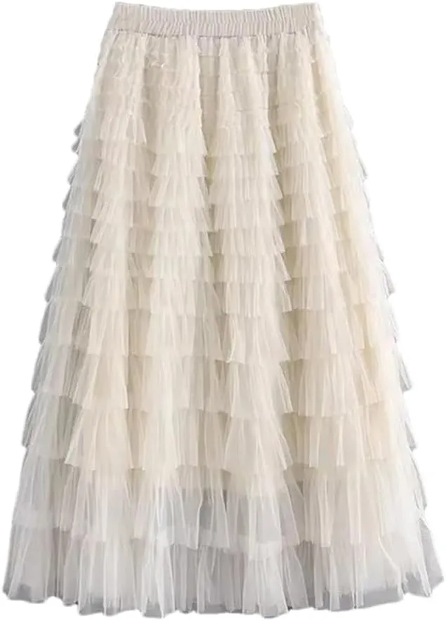 Hdhdeueh Women's Elastic Waist Mesh Skirt Solid Color Cake Skirt Thin Double Layer A-Line Midi Skirts