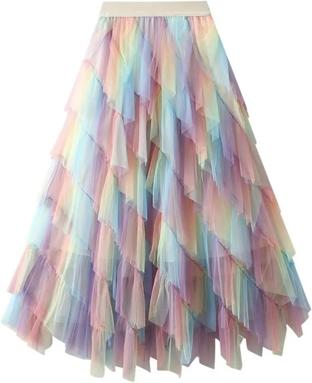 Hdhdeueh Women's Gradient Mesh Irregular Skirt Stretch High Waist Ruffle Patchwork Word Midi Skirts