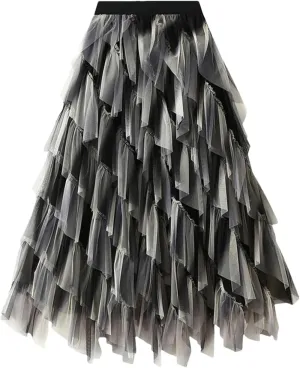 Hdhdeueh Women's Gradient Mesh Irregular Skirt Stretch High Waist Ruffle Patchwork Word Midi Skirts