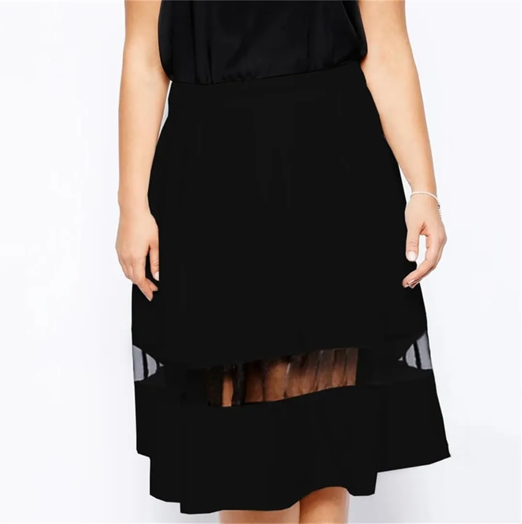 Hdhdeueh Women's Mesh Splicing Skirt Elastic Waist A-Line Skirt Pleated Casual Flare Midi Skirts