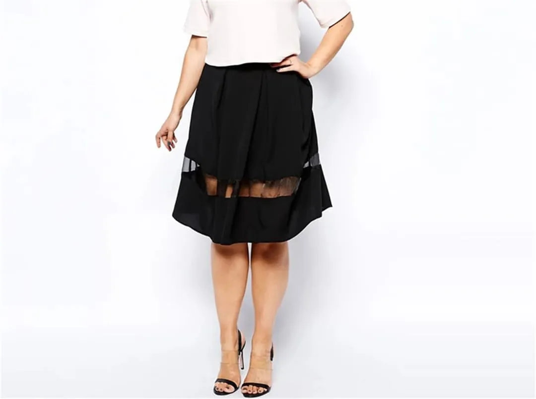 Hdhdeueh Women's Mesh Splicing Skirt Elastic Waist A-Line Skirt Pleated Casual Flare Midi Skirts