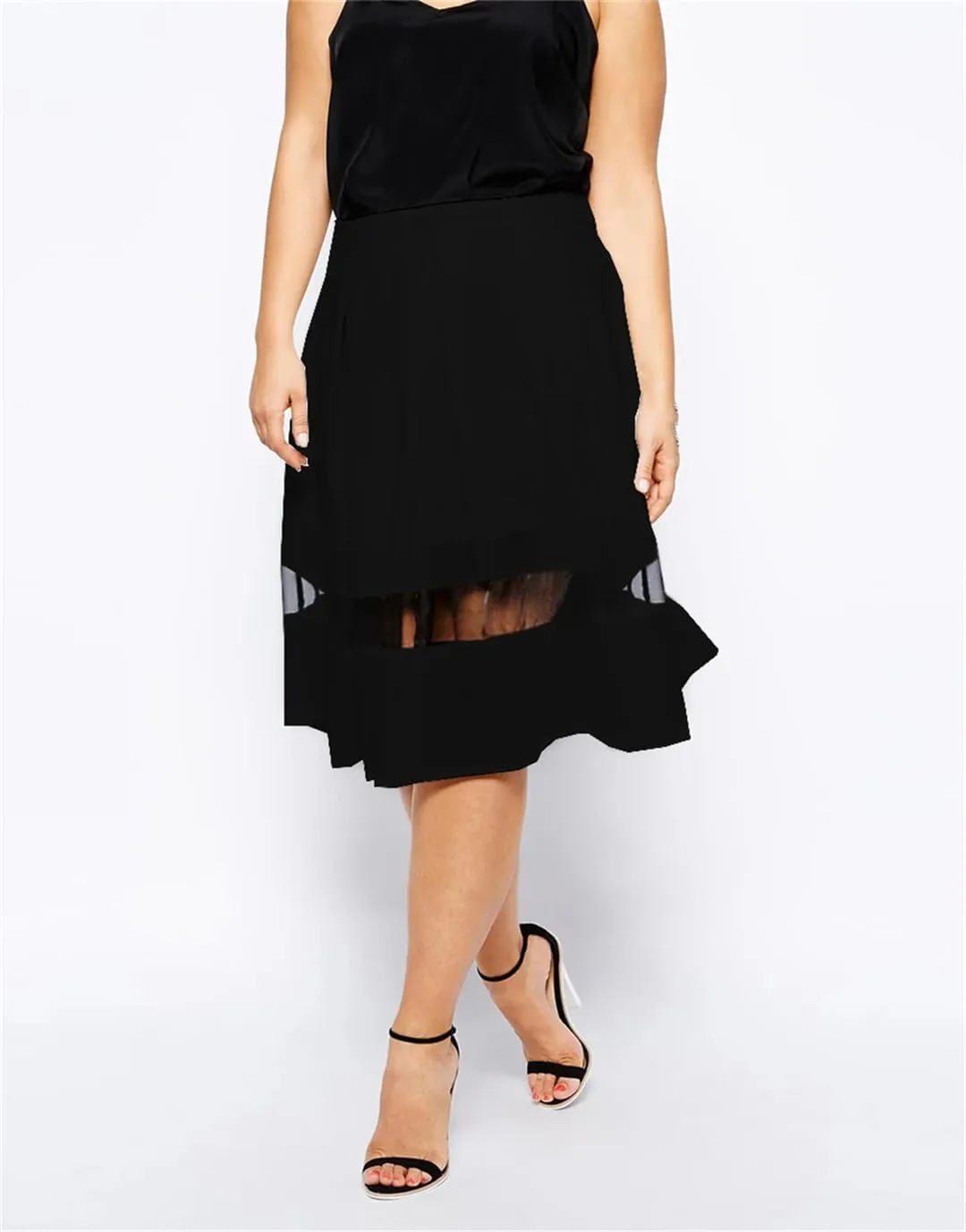 Hdhdeueh Women's Mesh Splicing Skirt Elastic Waist A-Line Skirt Pleated Casual Flare Midi Skirts