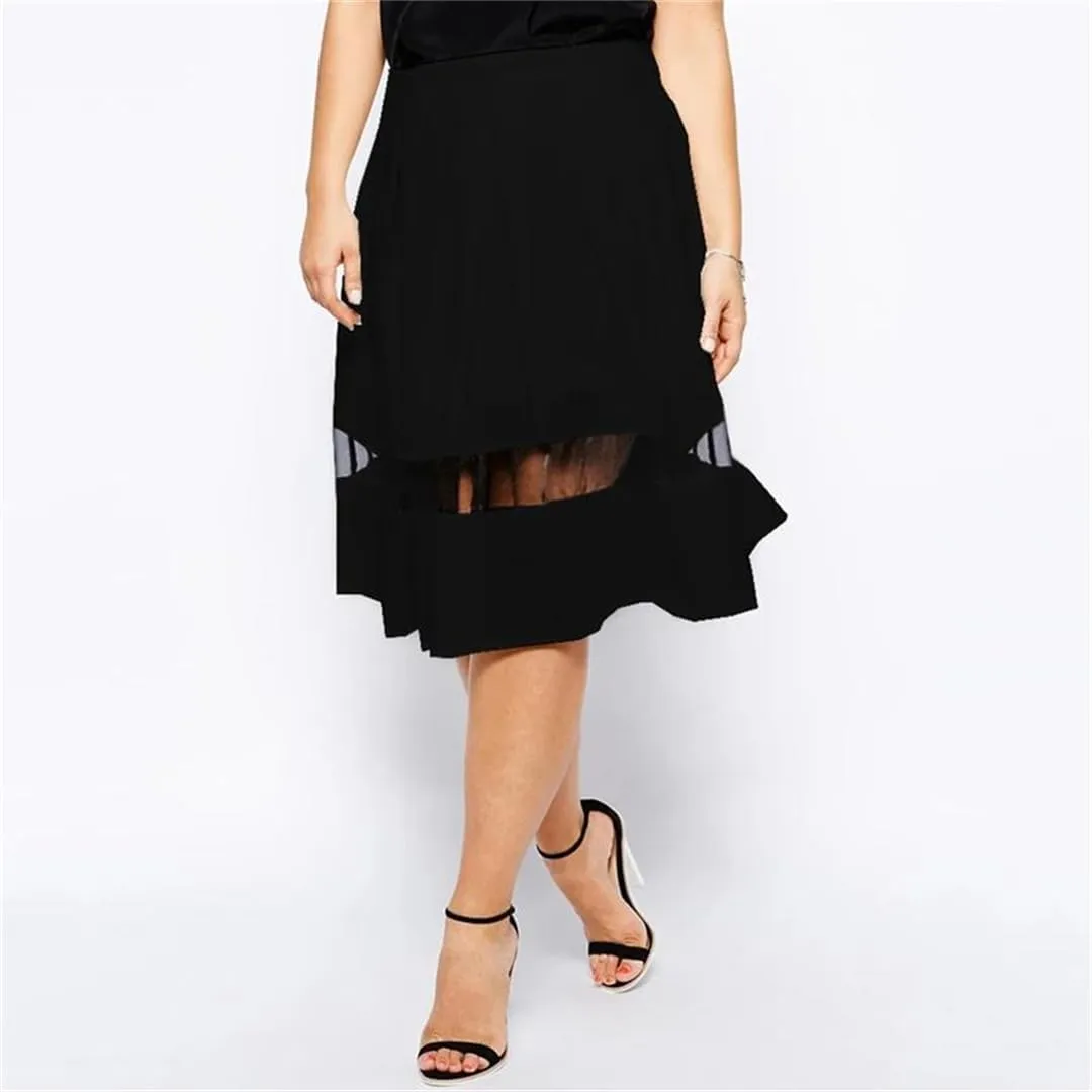 Hdhdeueh Women's Mesh Splicing Skirt Elastic Waist A-Line Skirt Pleated Casual Flare Midi Skirts