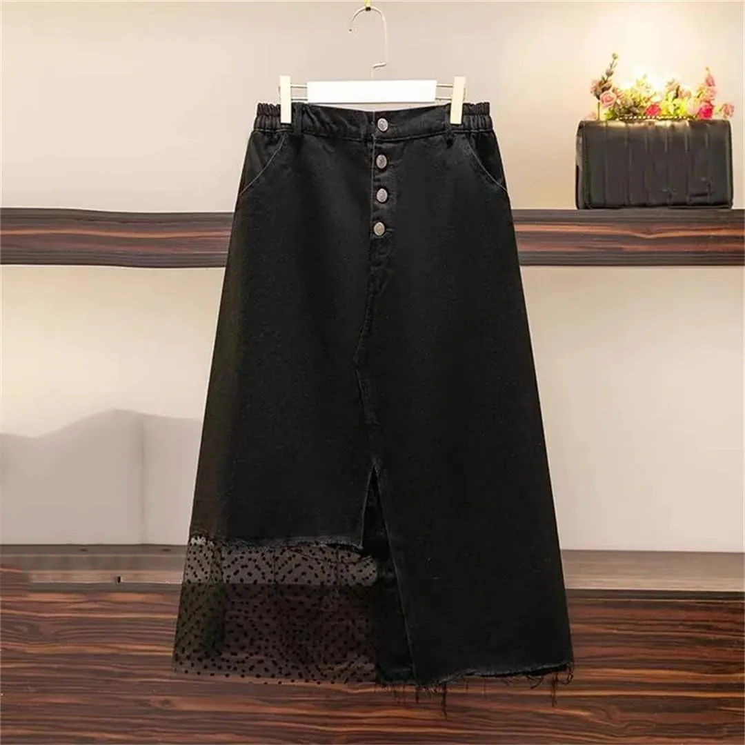 Hdhdeueh Women's Slit Mesh Splicing Denim Skirt Loose High Waist Irregular A-Line Midi Skirts