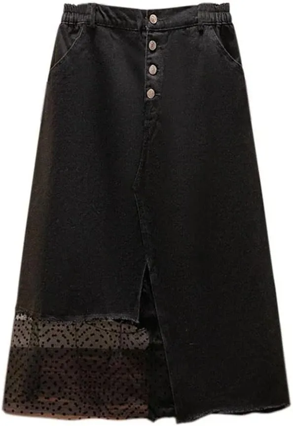 Hdhdeueh Women's Slit Mesh Splicing Denim Skirt Loose High Waist Irregular A-Line Midi Skirts