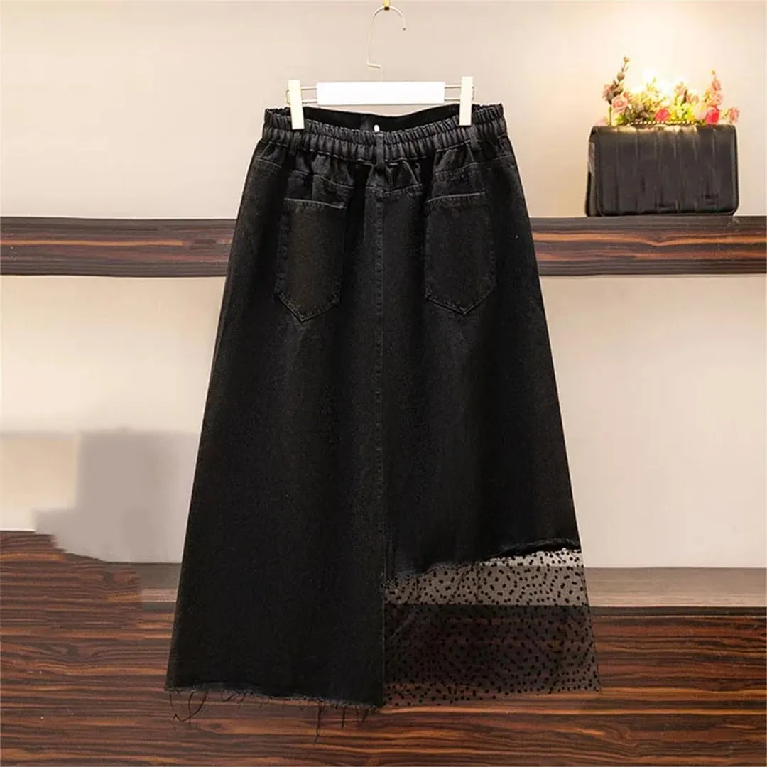 Hdhdeueh Women's Slit Mesh Splicing Denim Skirt Loose High Waist Irregular A-Line Midi Skirts