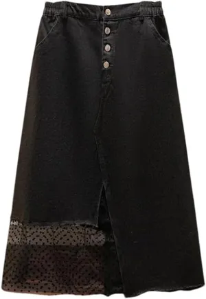 Hdhdeueh Women's Slit Mesh Splicing Denim Skirt Loose High Waist Irregular A-Line Midi Skirts