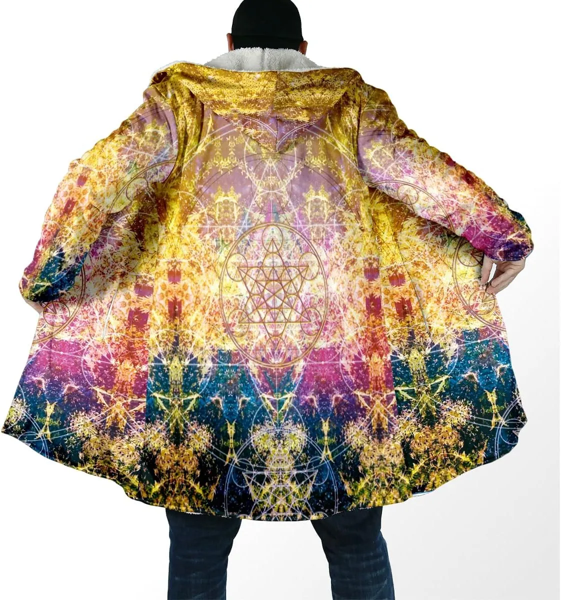 Hippie Psychedelic Colorful Trippy 3D Print Dream Cloak Thick Warm Hooded Men Overcoat Windproof Fleece Jacket