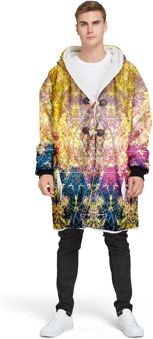 Hippie Psychedelic Colorful Trippy 3D Print Dream Cloak Thick Warm Hooded Men Overcoat Windproof Fleece Jacket
