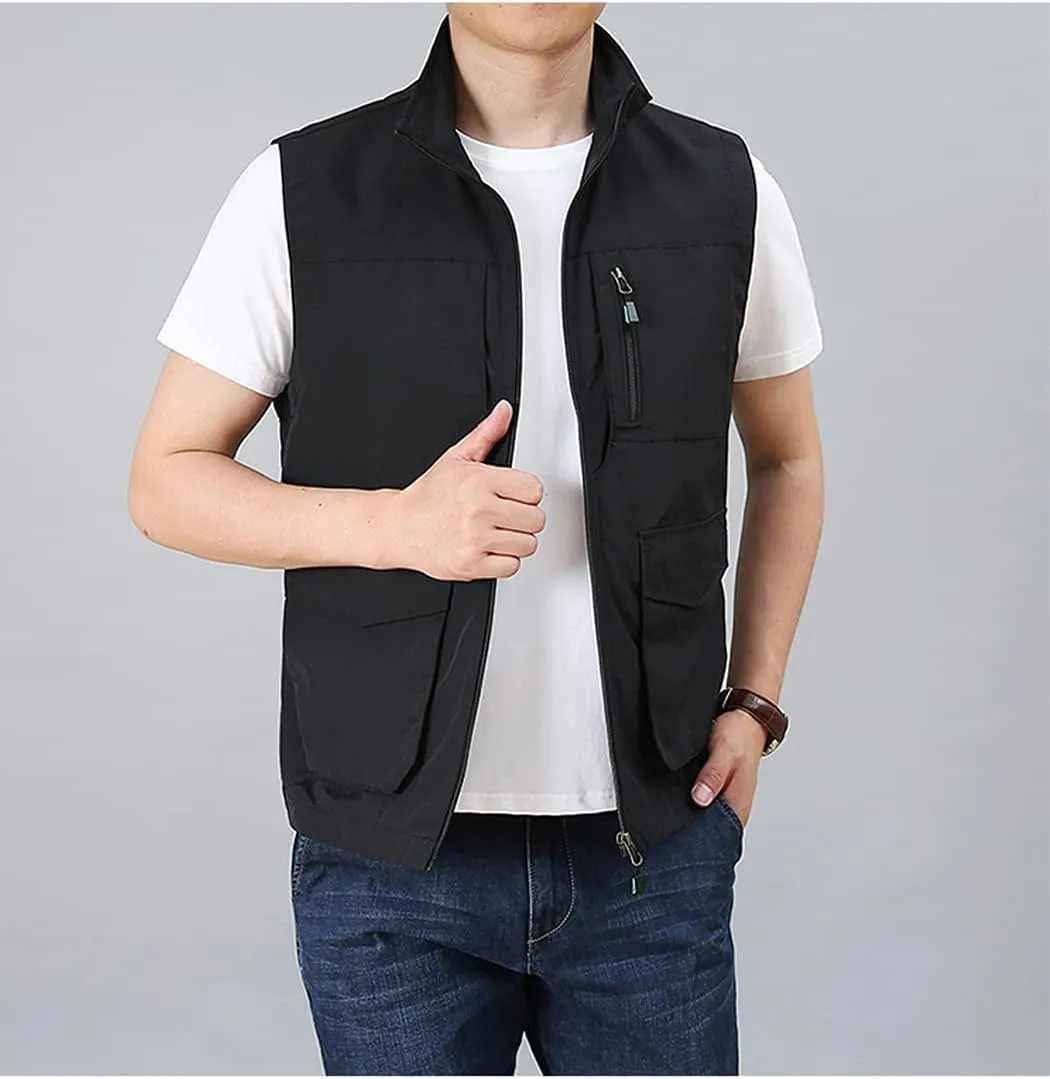 Hixiaohe Men's Casual Lightweight Outdoor Vest Work Fish Photo Travel Golf Vest Zip up Sleeveless Jacket with Pockets