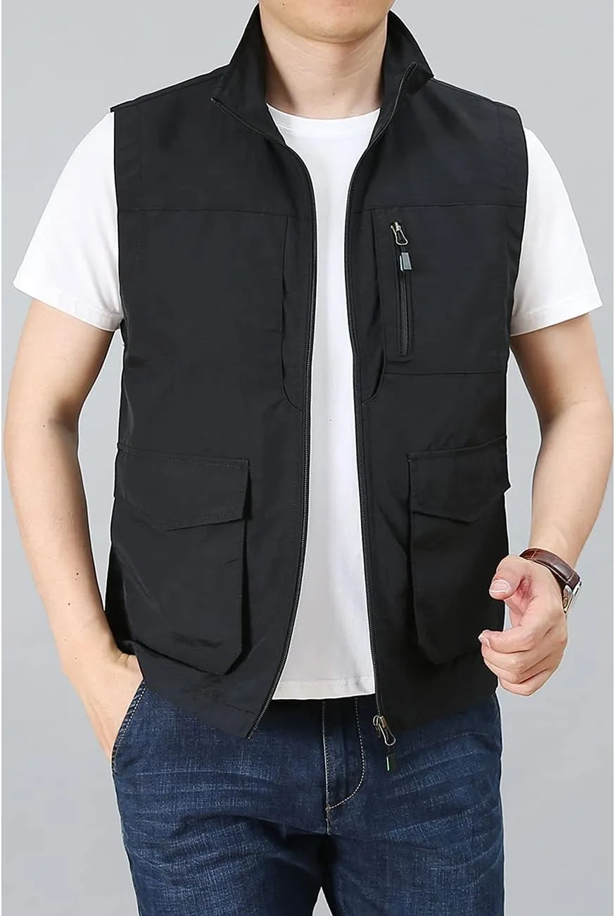 Hixiaohe Men's Casual Lightweight Outdoor Vest Work Fish Photo Travel Golf Vest Zip up Sleeveless Jacket with Pockets